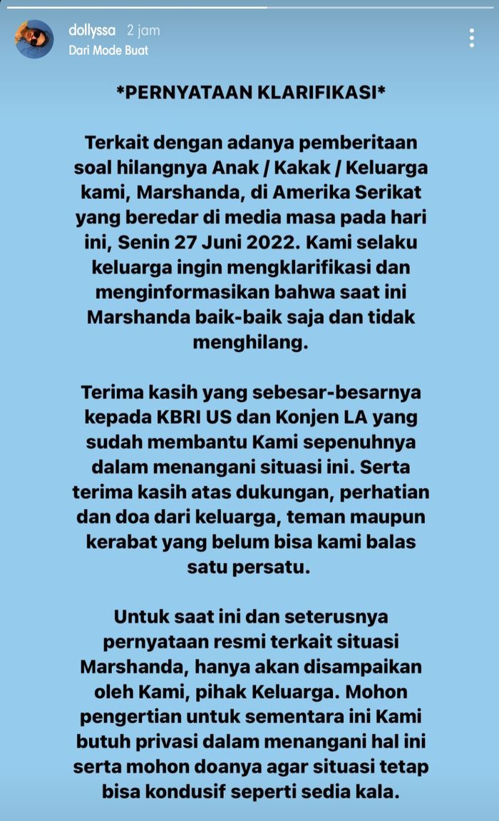 Pernyataan resmi adik Marshanda atas berita hilangnya sang kakak