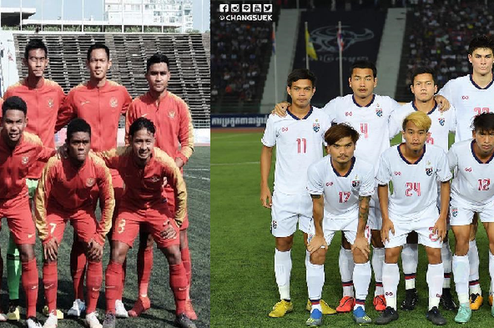 Kolase foto timnas U-22 Indonesia dan timnas U-22 Thailand di Piala AFF U-22 2019.