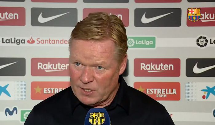 Pelatih Barcelona, Ronald Koeman, memberikan komentarnya usai laga perdana Liga Spanyol 2021-2022 di Camp Nou pada Minggu (15/8/2021) waktu setempat atau Senin dini hari WIB.