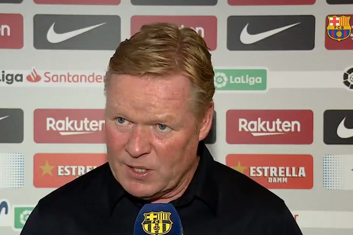 Pelatih Barcelona, Ronald Koeman, memberikan komentarnya usai laga perdana Liga Spanyol 2021-2022 di Camp Nou pada Minggu (15/8/2021) waktu setempat atau Senin dini hari WIB.