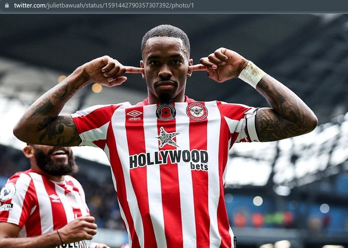 Selebrasi Ivan Toney usai menjebol gawang Manchester City dalam laga lanjutan Liga Inggris 2022-2023.