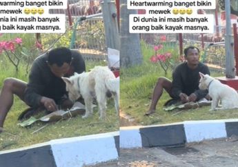 Bikin Mewek, Viral Momen Pria Ini Bagi Nasi Bungkus ke Seekor Anjing dan Menyantapnya Bareng, Netizen Terenyuh: Makasi Orang Baik