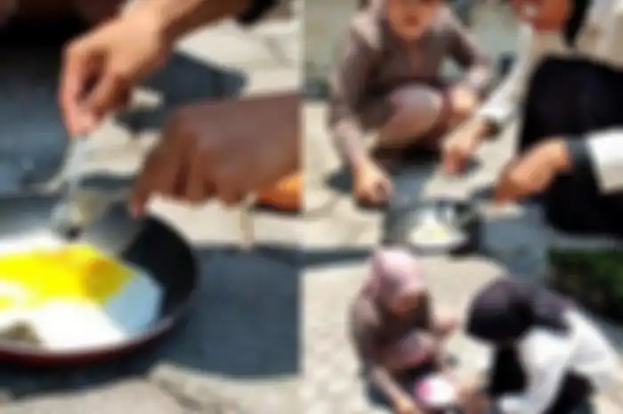 Aksi Mutia dan Galuh masak telur goreng di bawah terik sinar matahari di Pati, Jawa Tengah, Sabtu (7/10/2023).