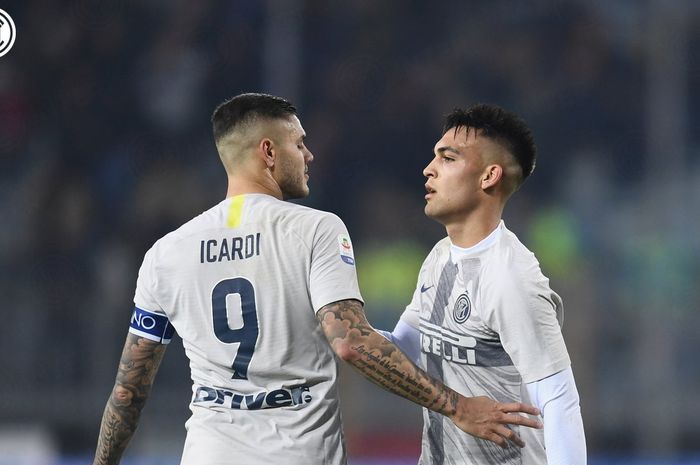 Ekspresi penyerang Inter Milan, Mauro Icardi dan Lautaro Martinez.