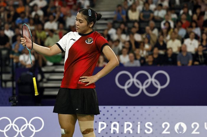 Reaksi tunggal putri Indonesia, Gregoria Mariska Tunjung, saat tampil pada semifinal Olimpiade Paris 2024 di Paris, Prancis, 4 Agustus 2024.