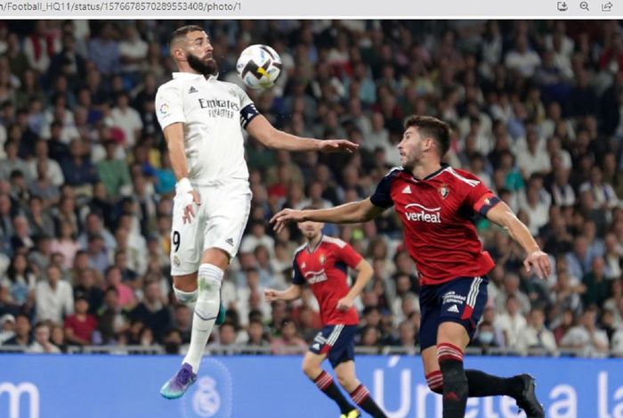 Aksi Karim Benzema bersama Real Madrid dalam laga kontra Osasuna di LIga Spanyol 2022-2023, Senin (3/10/2022) dini hari WIB.