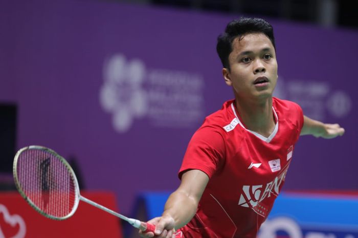 Pebulu tangkis tunggal putra Indonesia, Anthony Sinisuka Ginting, pada babak pertama Malaysia Masters 2022 di Axiata Arena, Kuala Lumpur, Rabu (6/7/2022).