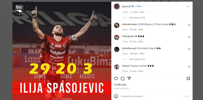 Komentar eks pelatih timnas Indonesia, Luis Milla, di postingan Instagram Ilija Spasojevic