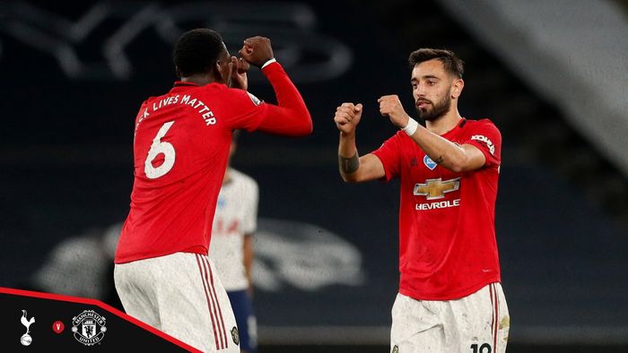 Duet Bruno Fernandes dan Paul Pogba dalam laga pekan ke-30 Liga Inggris antara Tottenham Hotspur melawan Manchester United di Tottenham Hotspur Stadium, Sabtu (20/6/2020) dini bari WIB.