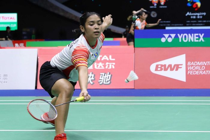 Penampilan Gregoria Mariska Tunjung ketika bertanding melawan Abigail Holden pada penyisihan Grup B Piala Sudirman 2019.