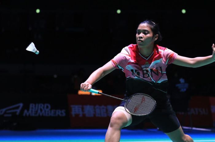 Pemain tunggal putri Indonesia, Gregoria Mariska Tunjung, saat menghadapi Yvonne Li dari Jerman pada babak pertama Japan Open 2022 di Maruzen Intec Arena Osaka, Jepang, 30 Agustus 2022. 