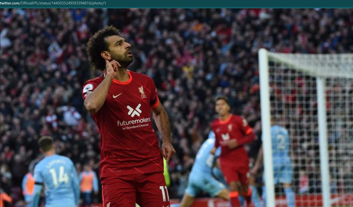 Momen selebrasi Mohamed Salah usai mencetak gol ke gawang Manchester City pada laga pekan ketujuh Liga Inggris 2021-2022.