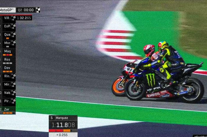 Insiden yang melibatkan Marc Marquez dan Valentino Rossi pada Q2 Kualifikasi MotoGP San Marino 2019, Sabtu (14/9/2019).