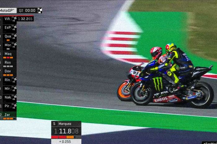 Insiden yang melibatkan Marc Marquez dan Valentino Rossi pada Q2 Kualifikasi MotoGP San Marino 2019, Sabtu (14/9/2019).