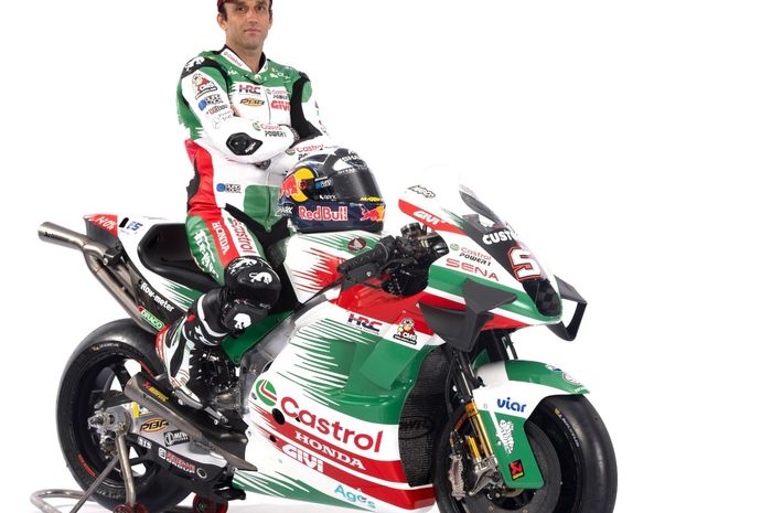 Johann Zarco di atas livery baru LCR Honda Castrol untuk MotoGP 2024, yang dikenalkan pada Kamis (15/2/2024).