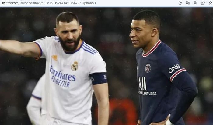 Karim Benzema (kiri) dan Kylian Mbappe (kanan) dalam laga antara Real Madrid dan Paris Saint-Germain di Liga Champions 2021-2022.