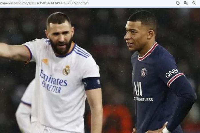 Karim Benzema (kiri) dan Kylian Mbappe (kanan) dalam laga antara Real Madrid dan Paris Saint-Germain di Liga Champions 2021-2022.