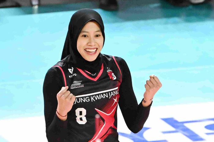 Pemain Daejeon JungKwanJang Red Sparks, Megawati Hangestri Pertiwi berselebrasi pada pertandingan Liga Voli Korea