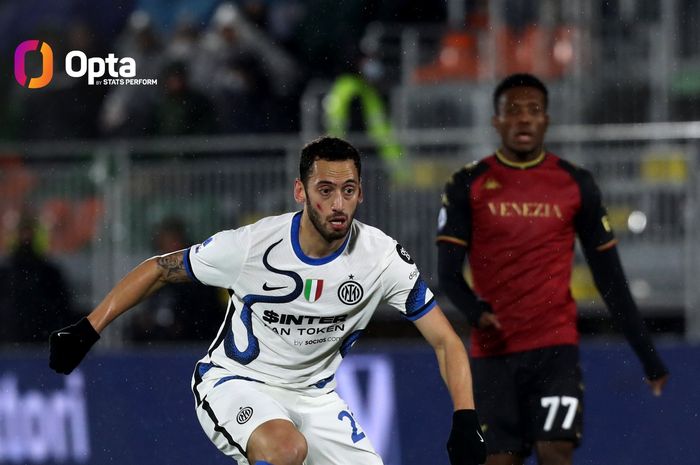 Selebrasi Hakan Calhanoglu saat Inter Milan membuka keunggulan atas Venezia dalam giornata ke-14 Liga Italia, Sabtu (27/11/2021) atau Minggu dini hari WIB.