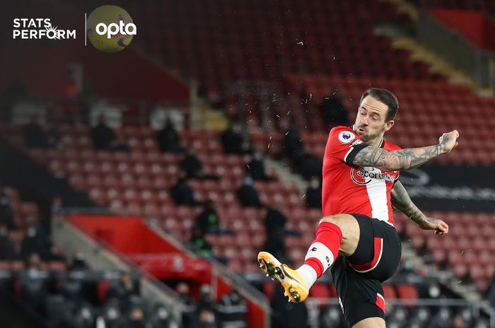 Pemain Southampton, Danny Ings, melepaskan tendangan saat melawan Liverpool dalam laga pekan ke-17 Liga Inggris 2020-2021, Senin (4/1/2020) waktu setempat atau Selasa pukul 03.00 WIB. 