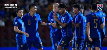 Striker Thailand, Yotsakorn Burapha usai mencetak gol ke gawang Malaysia di lanjutan laga grup B ASEAN Championship 2026 di Rajamangala Stadium, Sabtu (1/8/2026).