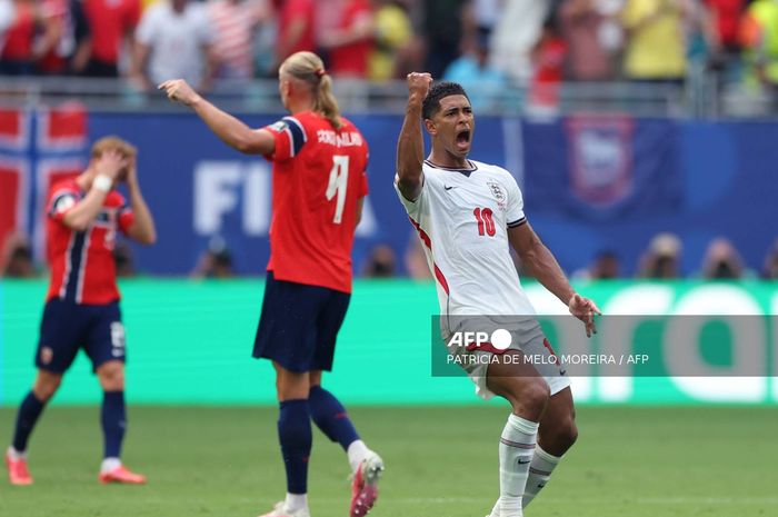 Selebrasi gelandang Timnas Inggris, Jude Bellingham, usai mencetak gol ke gawang Norwegia dalam laga perempat final Piala Dunia 2026.