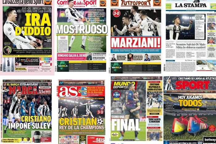 Headline media-media Eropa setelah aksi Cristiano Ronaldo yang mencetak tiga gol untuk membantu Juventus lolos ke perempat final Liga Champions setelah mengalahkan Atletico Madrid, Minggu (13/3/2019) dini hari WIB.