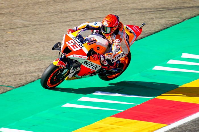 Pembalap Repsol Honda, Marc Marquez pada hari pertama latihan bebas MotoGP Aragon 2022, Jumat (16/9/2022)