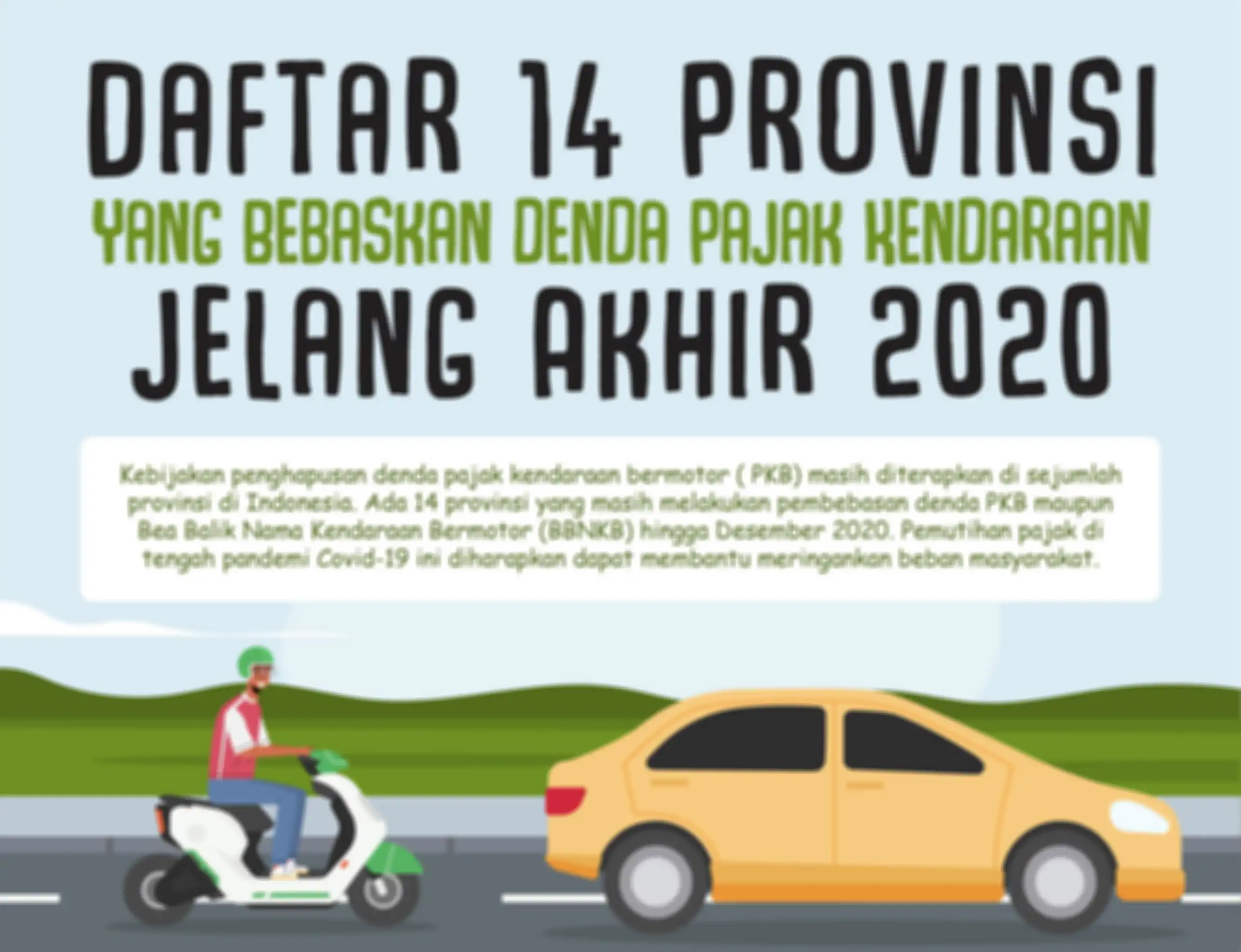 Ilustrasi infografik daftar 14 provinsi yang bebaskan denda pajak kendaraan.