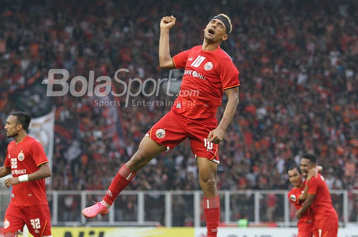 Pemain Persija Jakarta, Bruno Matos merayakan gol ke gawang Ceres Negros FC pada laga penyisihan Grup G AFC CUP di Stadion Utama Gelora Bung Karno, Senayan, Jakarta,  Selasa (23/4/2019) dalam laga tersebut persija harus mengakui kekalahannya melawan Ceres dengan skor 2-3. 