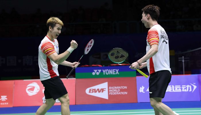 Marcus Fernaldi Gideon/Kevin Sanjaya Sukamuljo saat memenangi laga melawan Lee Yang/Wang Chi-Lin (Taiwan) pada babak perempat final Piala Sudirman 2019, di Guangxi Sports Center Gymnasium, Nanning, China, Jumat (24/5/2019).