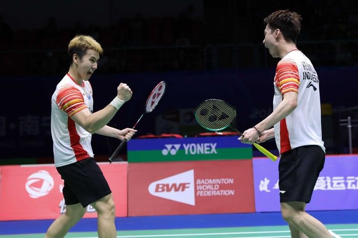 Marcus Fernaldi Gideon/Kevin Sanjaya Sukamuljo saat memenangi laga melawan Lee Yang/Wang Chi-Lin (Taiwan) pada babak perempat final Piala Sudirman 2019, di Guangxi Sports Center Gymnasium, Nanning, China, Jumat (24/5/2019).