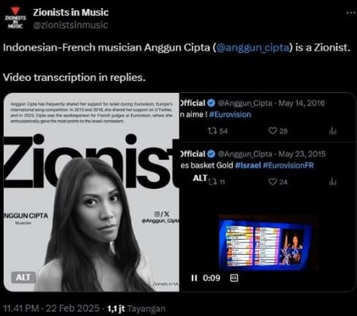 Postingan akun X @zionistinmusic soal Anggun C Sasmi dianggap sebagai zionis