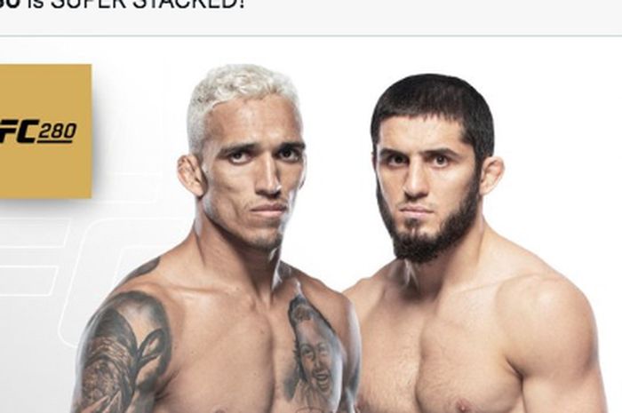 Poster pertandingan UFC 280 yang akan menampilkan laga perebutan gelar juara kelas ringan antara Charles Oliveira vs Islam Makhachev.