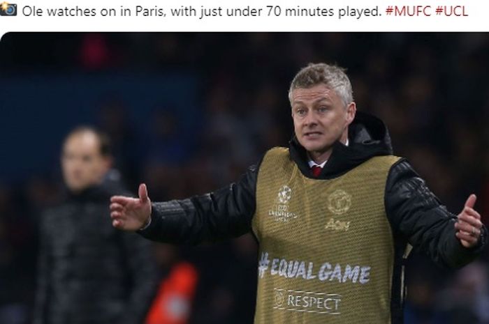 Ekspresi pelatih interim Manchester United, Ole Gunnar Solskjaer, dalam laga leg kedua babak 16 besar Liga Champions melawan Paris Saint-Germain di Stadion Parc des Princes, 6 Maret 2019.