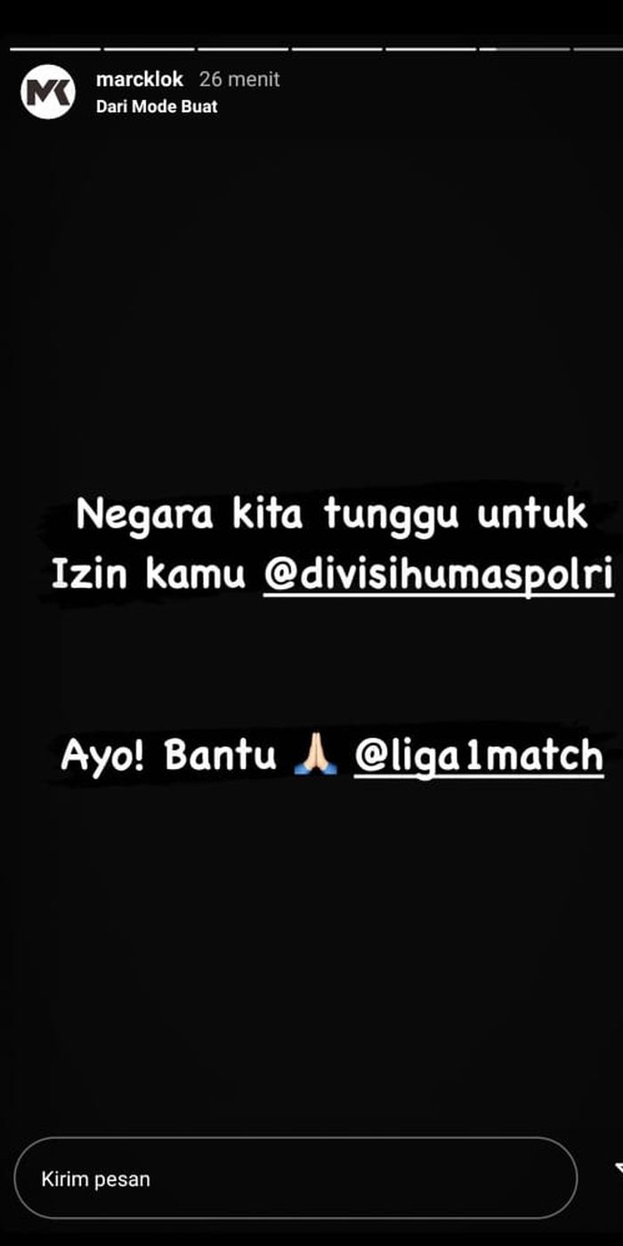 Unggahan InstaStory Marc Klok menanggapi soal belum jelasnya lanjutan Liga 1  dan meminta Polri untuk dapat memberikan izin, 13 Oktober 2020