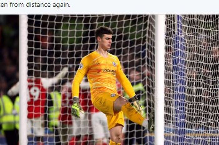 Ekspresi kiper Chelsea, Kepa Arrizabalaga, dalam laga Liga Inggris melawan Arsenal di Stadion Stamford Bridge, Selasa (21/1/2020).