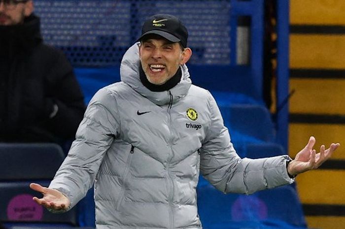 Reaksi Thomas Tuchel dalam duel Liga Champions antara Chelsea vs Real Madrid di Stamford Bridge, London (6/4/2022).