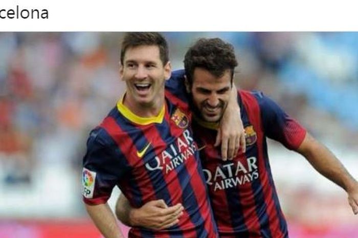 Megabintang Barcelona, Lionel Messi, melakukan selebrasi bersama Cesc Fabregas.