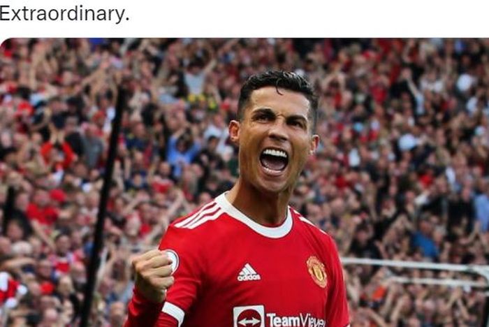 Megabintang Manchester United, Cristiano Ronaldo, merayakan gol ke gawang Newcastle United dalam laga Liga Inggris di Stadion Old Trafford, Sabtu (11/9/2021).