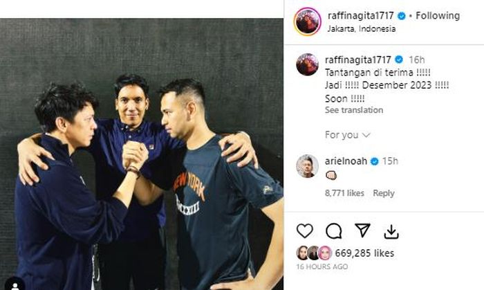 Postingan Raffi Ahmad yang ajak duel Ariel NOAH