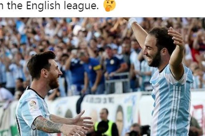 Lionel Messi dan Gonzalo Higuain merayakan gol untuk timnas Argentina.