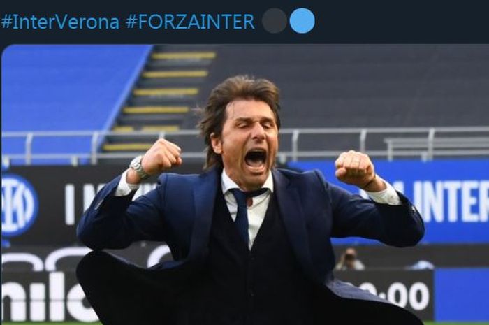 Reaksi pelatih Inter Milan, Antonio Conte, dalam duel Liga Italia kontra Verona, 25 April 2021.