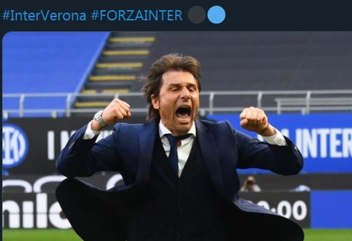 Reaksi pelatih Inter Milan, Antonio Conte, dalam duel Liga Italia kontra Verona, 25 April 2021.