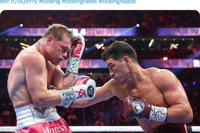 Momen duel tinju Canelo Alvarez kontra Dmitry Bivol di T-Mobile Arena, Nevada, Amerika Serikat (7/5/2022).