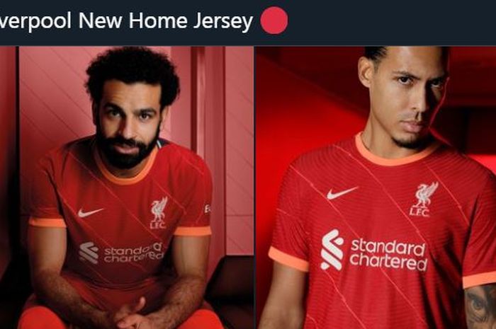 Mohamed Salah dan Virgil van Dijk berpose dengan kostum kandang baru Liverpool musim 2021-2022.