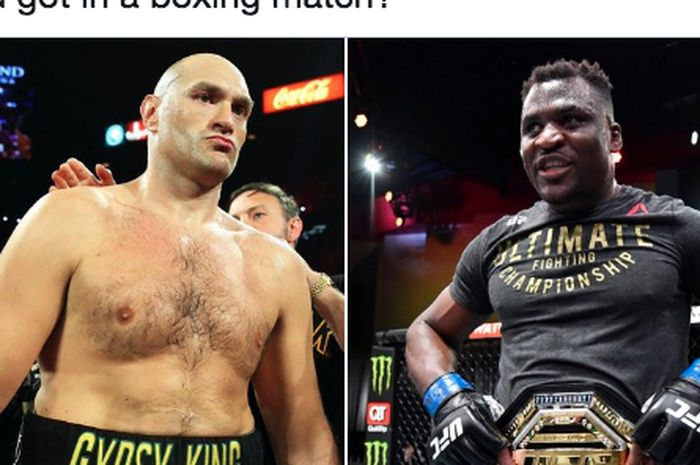 Juara kelas berat WBC, Tyson Fury (kiri), dan Juara kelas berat UFC, Francis Ngannou (kanan).