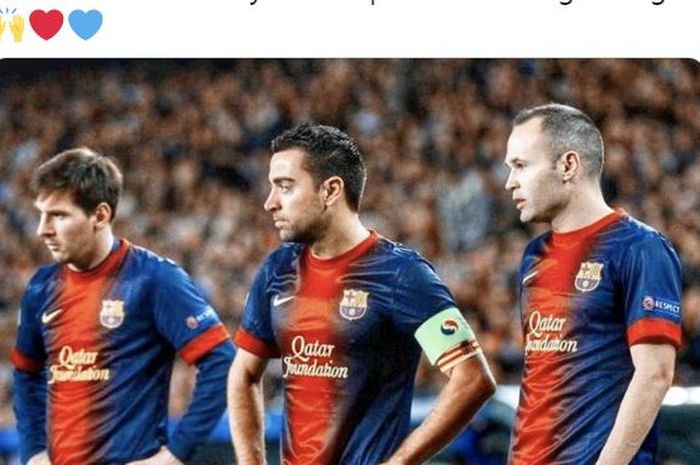 Lionel Messi, Xavi Hernandez, dan Andres Iniesta sama-sama berseragam Barcelona.