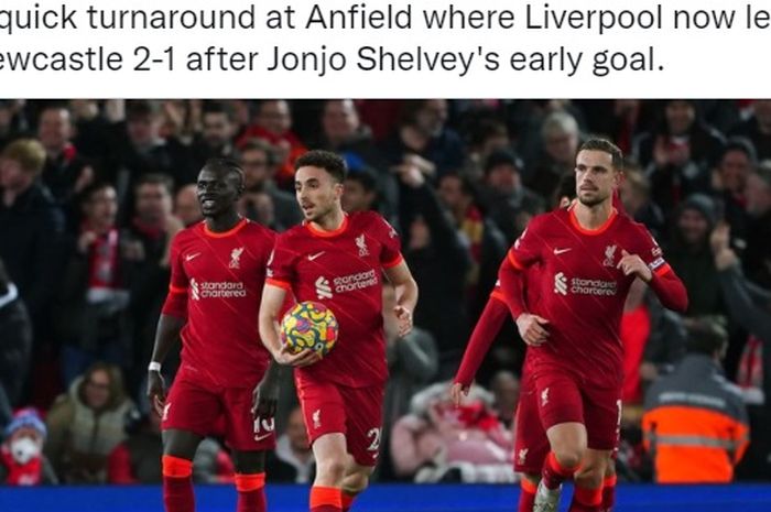 Sempat dikejutkan dengan gol Jonjo Shelvey, Liverpool comeback lewat gol Diogo Jota dan Mohamed Salah pada babak pertama.