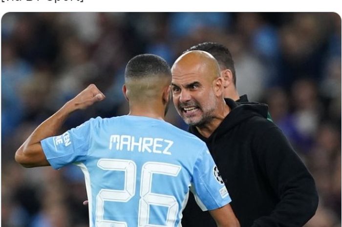 Pelatih Manchester City, Pep Guardiola, sedang mengomeli Riyad Mahrez.